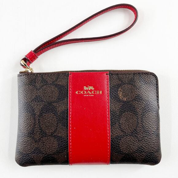 Coach Corner Zip Signature C Logo Wristlet Pouch Wallet Brown Red - Picture 1 of 6